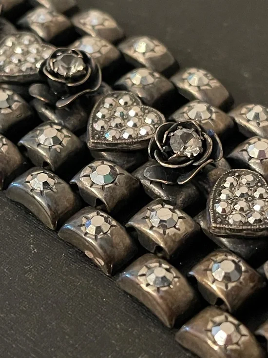 Vintage Rhinestone Heart, Starburst & 3-D Rose Silver Tone Panel Bracelet - Picture 6 of 12